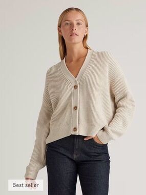 Quince 100% Organic Cotton Fisherman Boxy Cropped Cardigan Speckled Beige ,Small